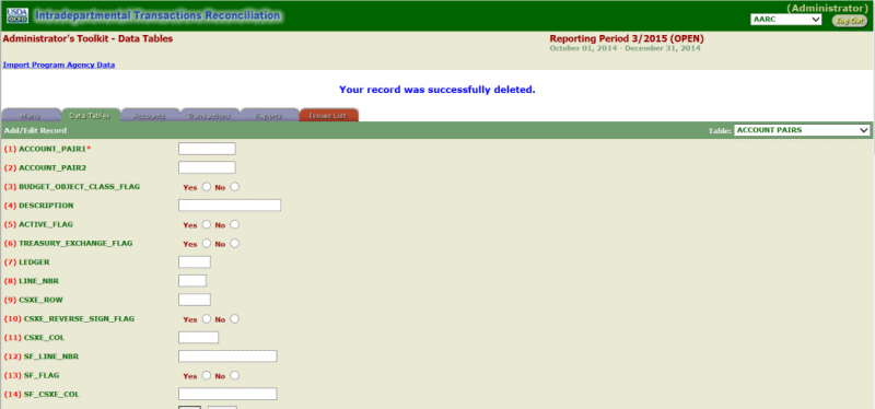 ITRS Data Tables Page (Successfully Deleted)