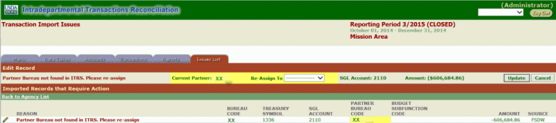 ITRS Elimination Entries (Imported Record Edit Page)