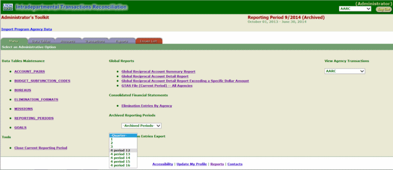 ITRS Elimination Entries File Export Page (Drop-down)