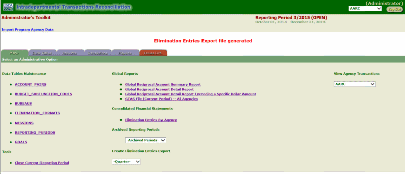 ITRS Elimination Entries File Exported Page (File Generated)