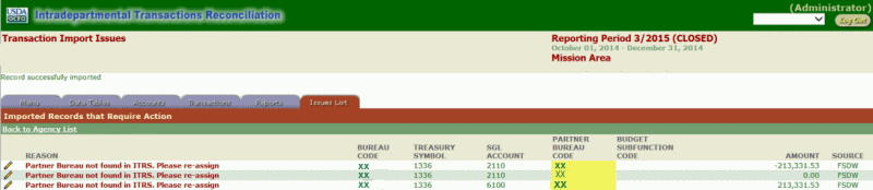 ITRS Elimination Entries Page (Records Successfully Imported)