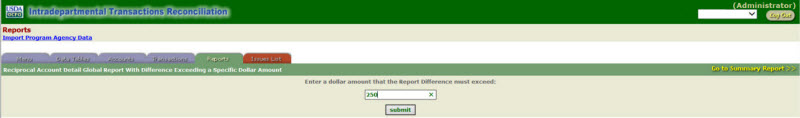 ITRS ITRS Reciprocal Account Detail Global Report With Difference Exceeding a Specific Dollar Amount Report Screen 2