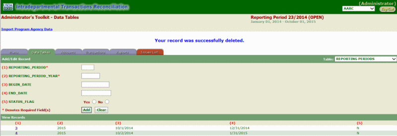 ITRS Reporting Page (Successfully Deleted)