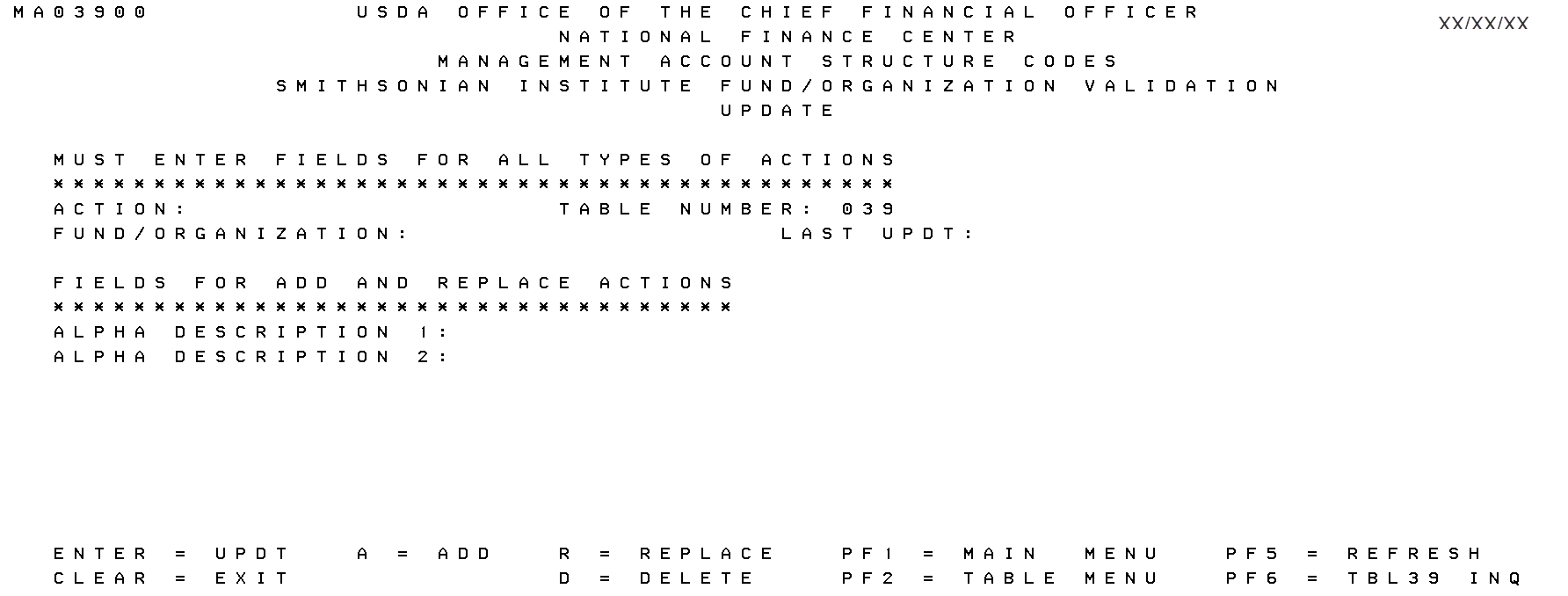 Table 039 Update Screen
