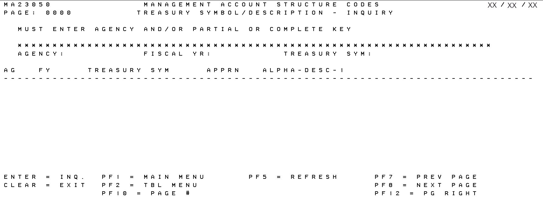 Treasury Symbol Description Table Inquiry Screen