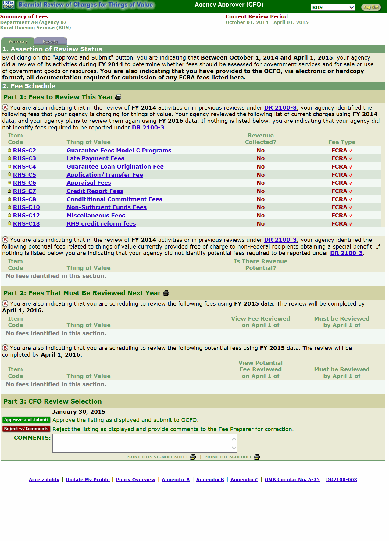 Summary of Fees Page