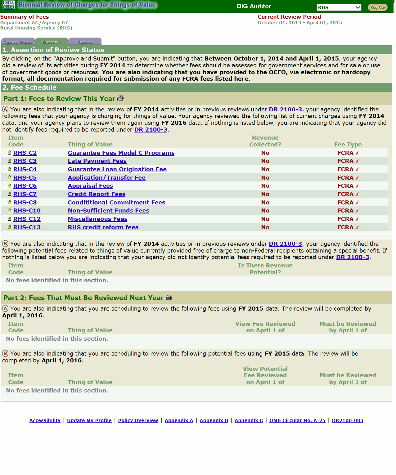 Summary of Fees Page