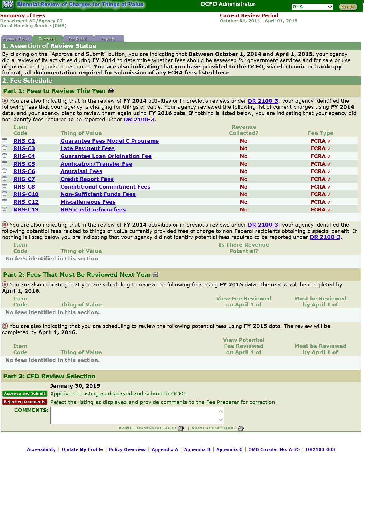 Summary of Fees Page