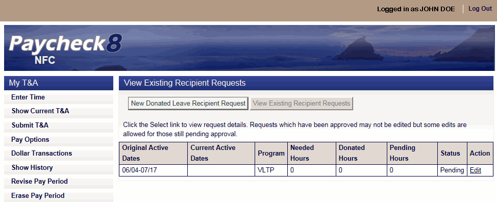 View Existing Recipient Requests Page - Request Pending