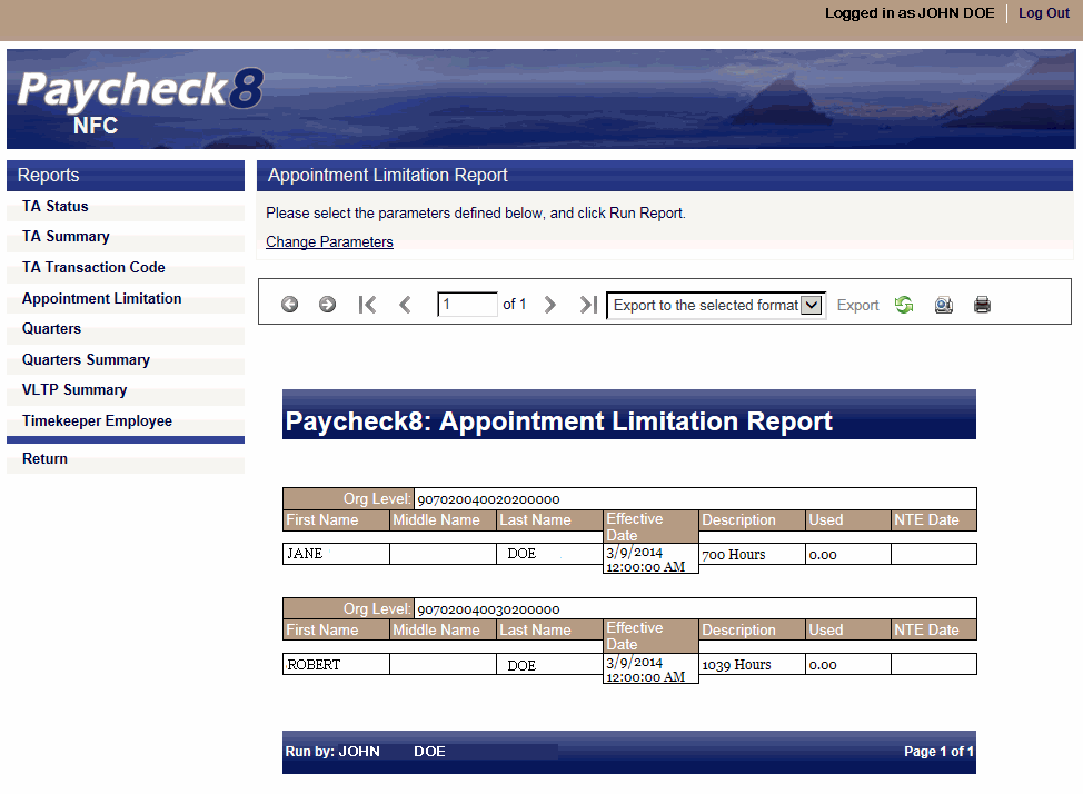 Paycheck8 Appointment Limitation Report