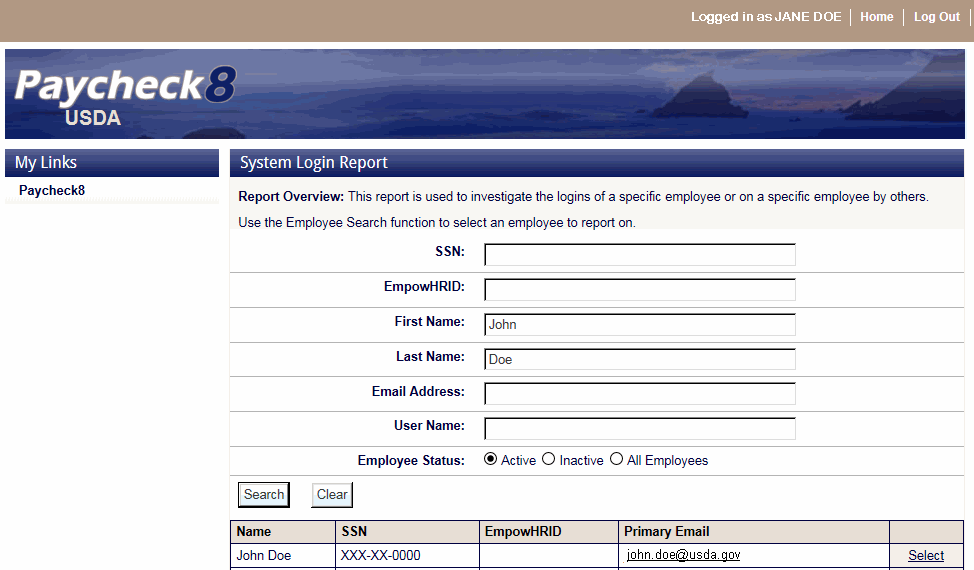 System Login Report Page - Search Results