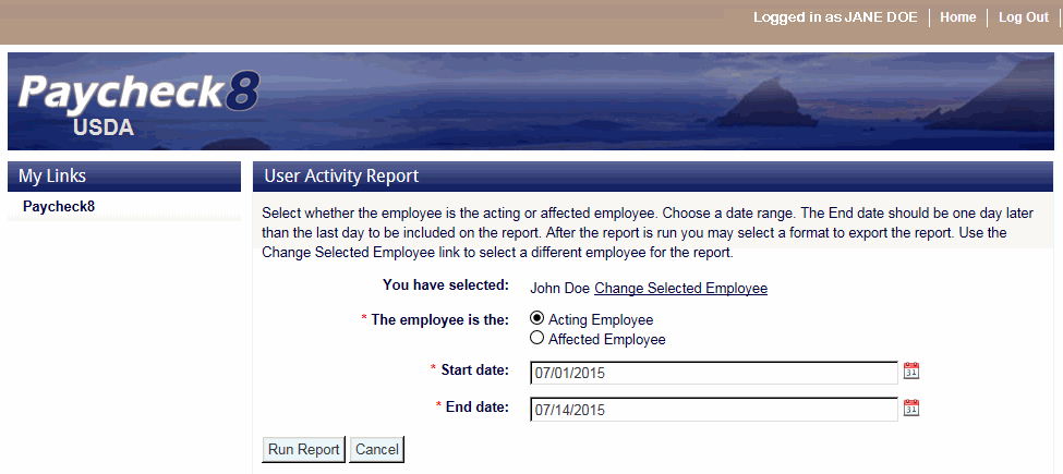 User Activity Report Page - Selected Employee