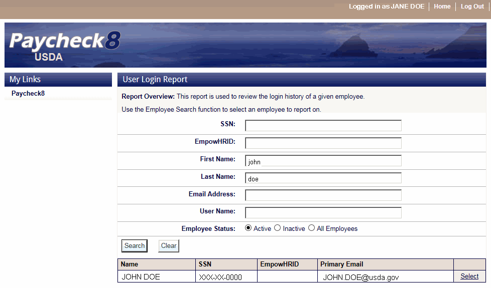 User Login Report Page - Search Results