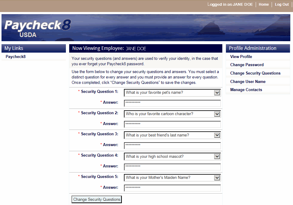 Change Security Questions Page