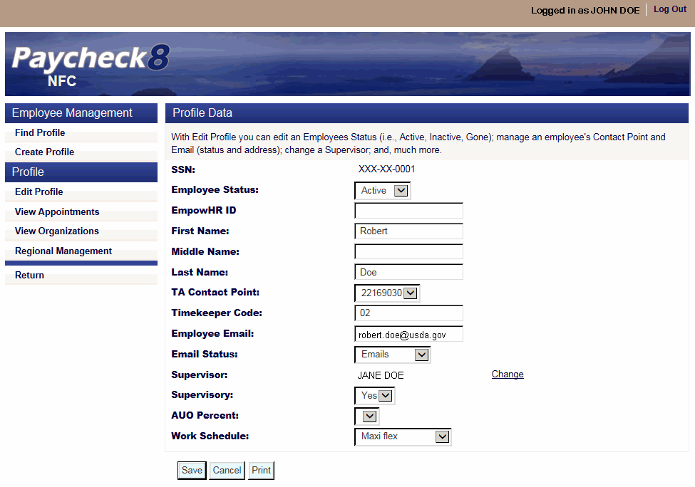 Profile Data Page For Selected Employee
