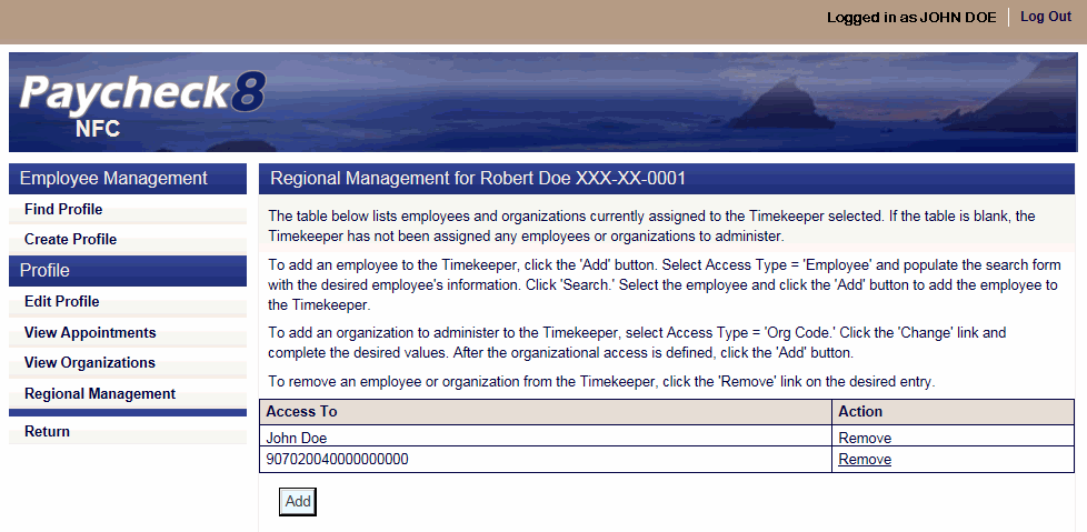 Regional Management for Timekeeper Page - Organization Added