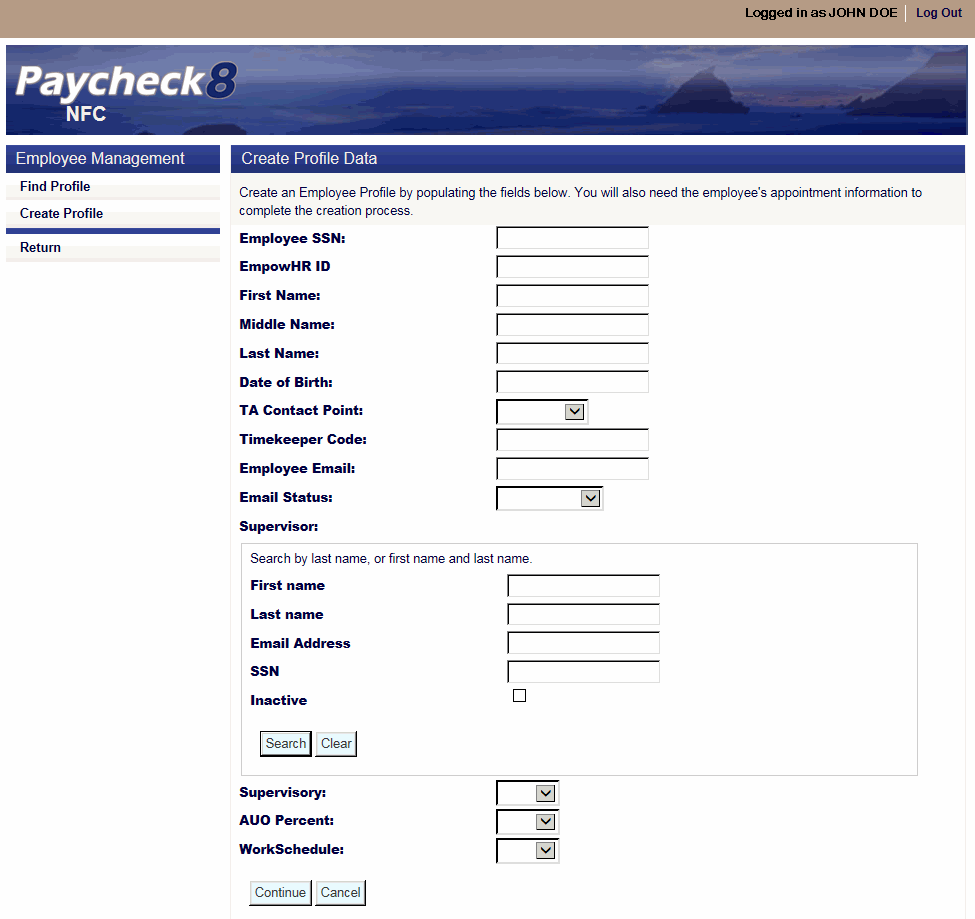 Create Profile Data Page