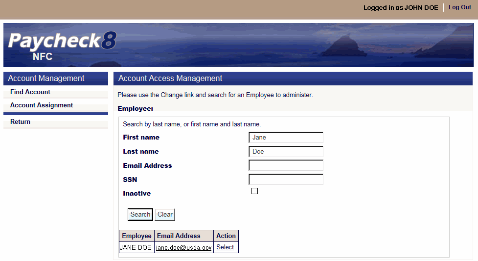 Account Access Management Page - Search Results
