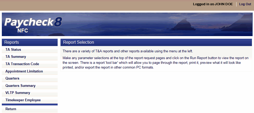 Report Selection Page