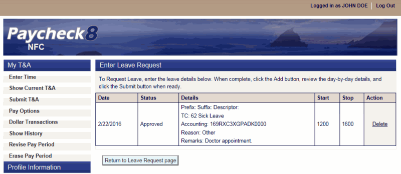 Enter Leave Request Page - Delete Request