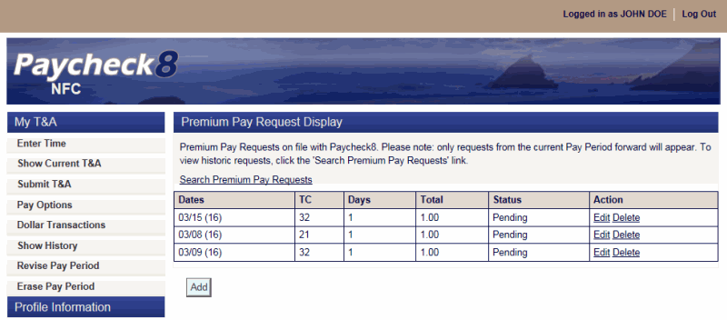 Premium Pay Request Display Page - Pending Status