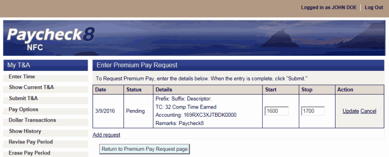 Enter Premium Pay Request Page - Edit Times