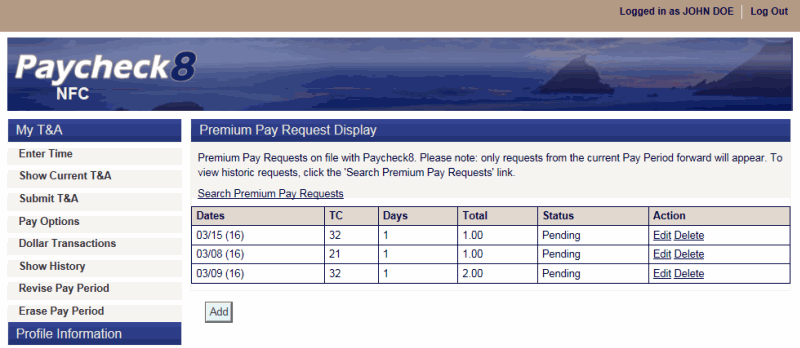 Premium Pay Request Display Page - Submitted