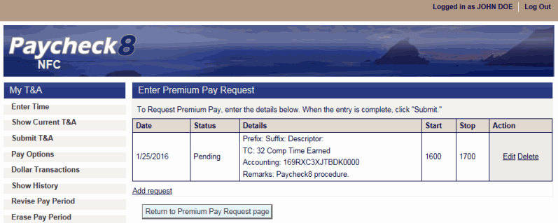 Enter Premium Pay Request Page - Request Summary