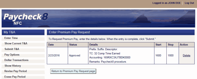 Enter Premium Pay Request Page - Delete Request