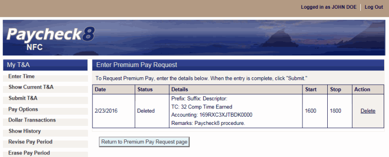 Enter Premium Pay Request Page - Deleted Status