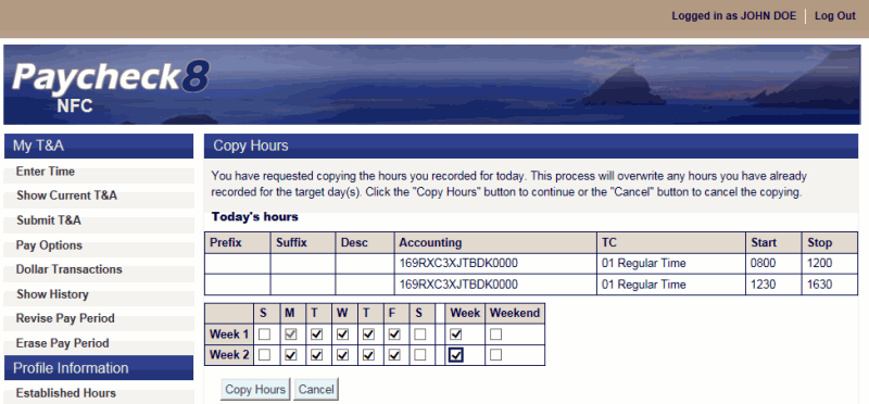 Copy Hours Page - Days Copied