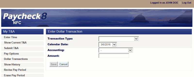 Enter Dollar Transaction Page