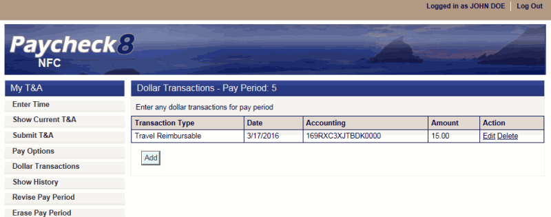 Dollar Transactions Page - Transaction Added