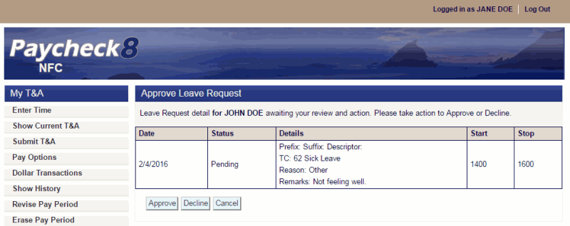 Approve Leave Request Page