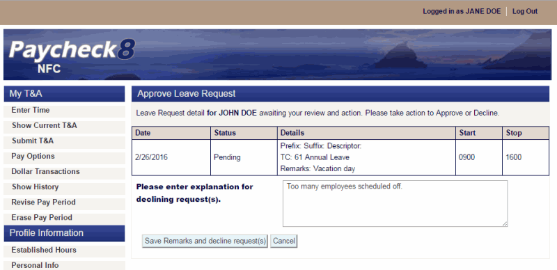 Approve Leave Request Page - Explanation for Decline