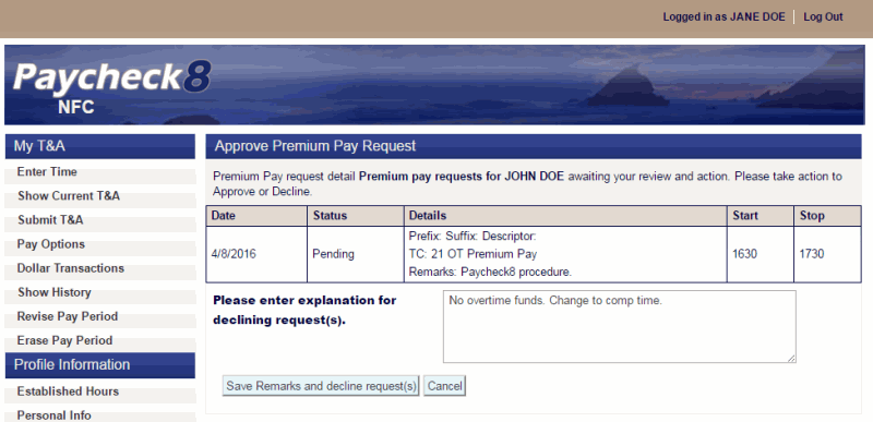 Approve Premium Pay Request Page - Explanation for Decline