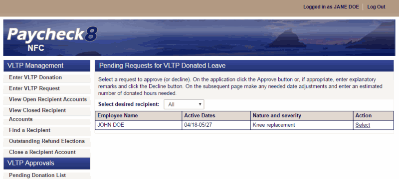 Pending Request for VLTP Donated Leave