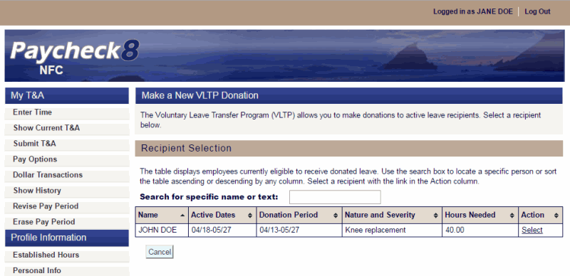 Make a New VLTP Donation Page - Recipient Selection