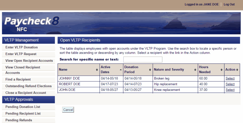 Open VLTP Recipients Page