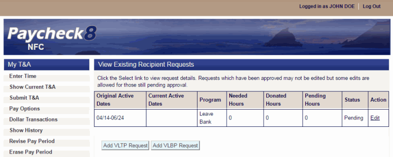 View Existing Recipient Requests Page - Leave Bank Request