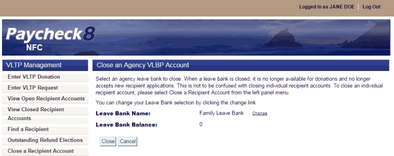 Close an Agency VLBP Account Selection Page