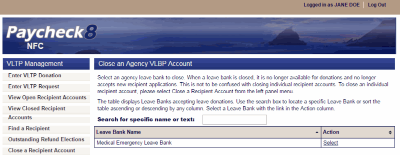Agency VLBP Account Closed Page