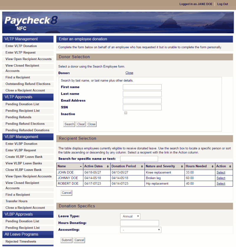 Enter an Employee Donation Page - Leave Donor Search Form