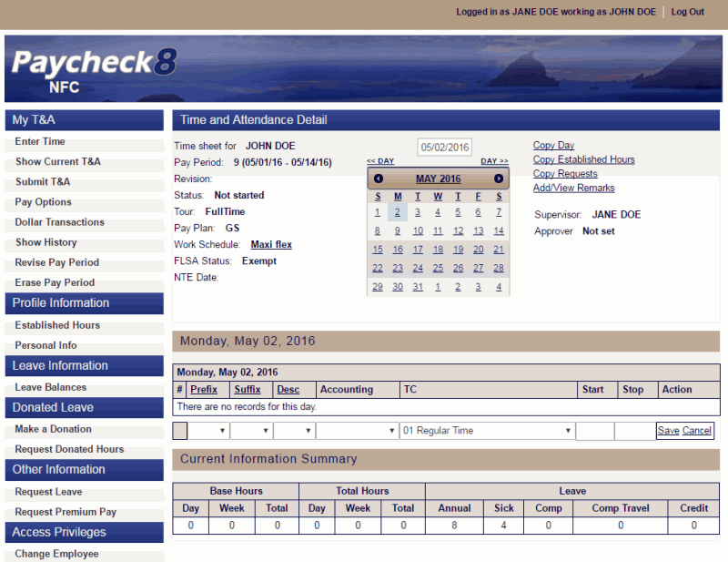 Time and Attendance Detail Page - Logged in as Another Employee