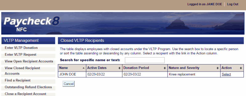 Closed VLTP Recipients Page