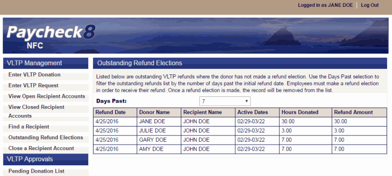 Outstanding Refund Elections Page