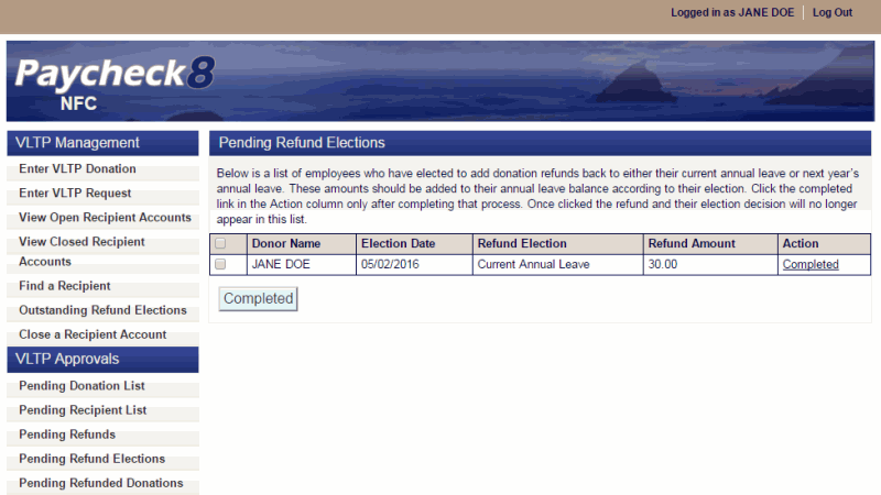 Pending Refund Elections Page