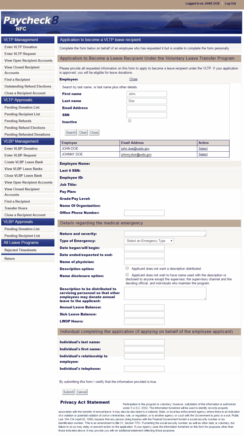 Application to Become a VLTP Leave Recipient Page - Employee Search Results