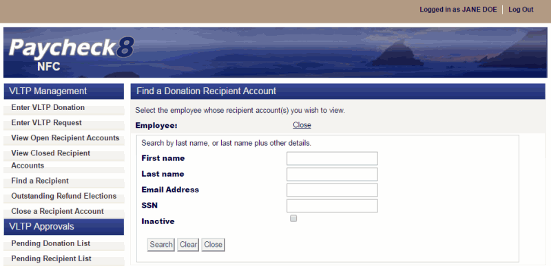 Find a Donation Recipient Account Page - Employee Search