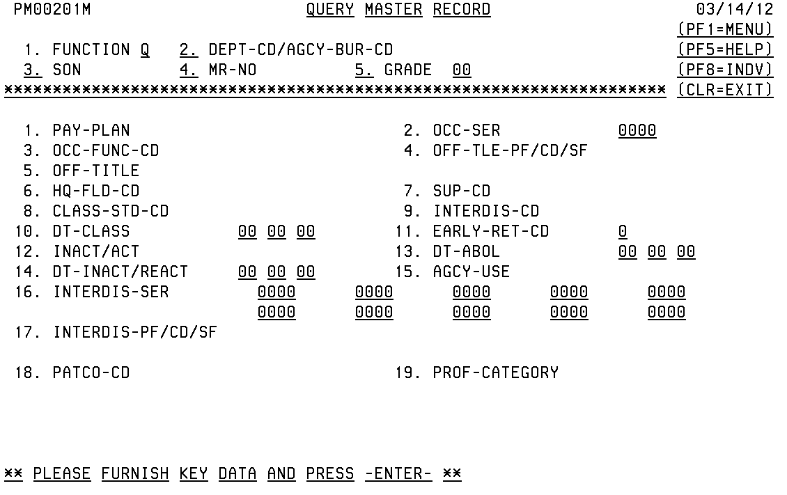 Query Master Record Screen